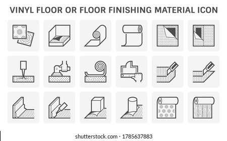 Vinyl or linoleum floor installation for home vector icon. Covering wrap floor by grinding repair and construction. Include material i.e. glue, sealant, baseboard, roll and sample of texture pattern.