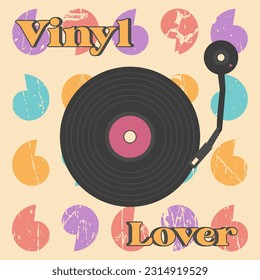 Vinyllover-Poster mit Vintage-Vinyl-Schallplattenspieler-Vektorgrafik im Retro-Stil