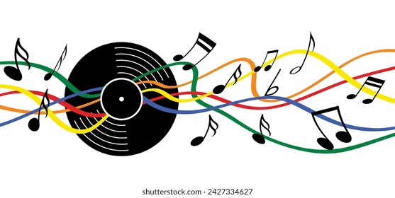 Vinyl or Lp icon. Music staff and note. dj symbol. retro vinyl record album. Old music plate. Phonograph, audio disk for turntable. Music player, analog music recording. Gramophone label and badge.