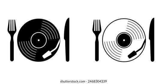 Vinyl or Lp icon. Plate, fork and knife icon. Food and dj symbol. dj . retro vinyl record album. Phonograph for turntable. Analog music recording. Gramophone label and badge. Eat, eating concept.