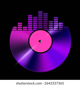 Vinyl lp in neon retro style with sound equalizer. Isolated on black background. Vector illustration.