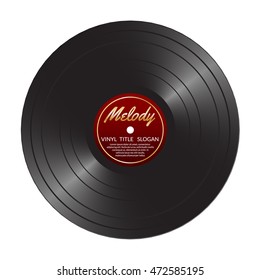 Vinyl LP record disc. Black musical vinyl album disc. Realistic retro template isolated on white.