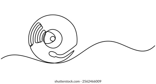 Vinyl LP record in one line art drawing style. Vector illustration, Vinyl record player turntable one line art. Continuous line drawing of analog audio player, retro music turntable vinyl disc jockey.