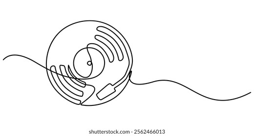 Vinyl LP record in one line art drawing style. Vector illustration, Vinyl record player turntable one line art. Continuous line drawing of analog audio player, retro music turntable vinyl disc jockey.