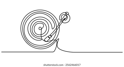 Vinyl LP record in one line art drawing style. Vector illustration, Vinyl record player turntable one line art. Continuous line drawing of analog audio player, retro music turntable vinyl disc jockey.