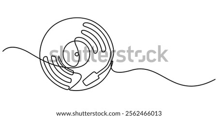 Vinyl LP record in one line art drawing style. Vector illustration, Vinyl record player turntable one line art. Continuous line drawing of analog audio player, retro music turntable vinyl disc jockey.
