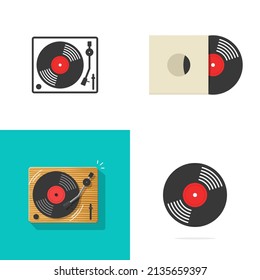 Vinyl lp record player vector icon and album turntable old vintage disc isolated on white background flat cartoon and line outline art illustration top view, plastic retro audio gramophone set