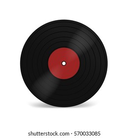 Vinyl LP record with red label. Black musical long play album disc 33 rpm. Old technology, realistic retro design, vector mockup illustration, isolated on white background