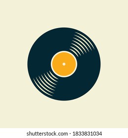 Vinyl LP record with yellow label. Gramophone vinyl symbol. Old music technology. Turntable disc album.