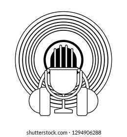 vinyl microphone and headphones vintage music in black and white