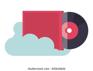 vinyl music with cloud isolated icon design