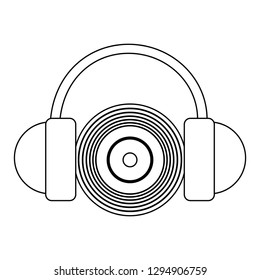 vinyl music with headphones in black and white
