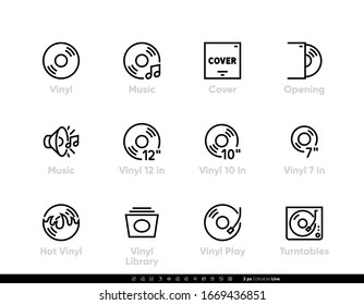 Vinyl Music icons. Different Plate Sizes, LP, Hot, Artist Library, Covers and Turntables set. Editable line vector pictograms on white background