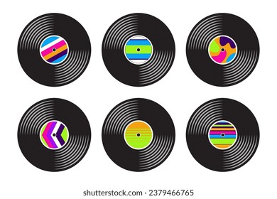 Vinyl music plates collection in retro style isolated on white background. Psychedelic nostalgia audio records