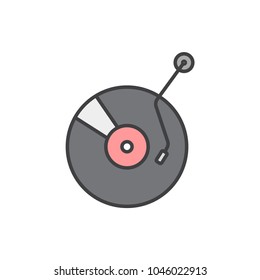 Vinyl music player flat line colored icon.
