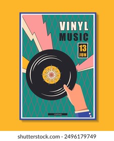 Vinyl music poster. Hand with black disc. Vitage and retro songs and playlists. Pop sound from 80s and 90s. Flyer, leaflet and booklet. Flat vector illustration isolated on yellow background