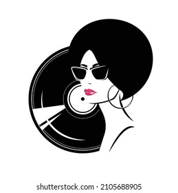 vinyl music record disk and beautiful stylish woman with funky hairstyle, red lipstick and sunglasses - old school acoustic audio revival concept vector portrait