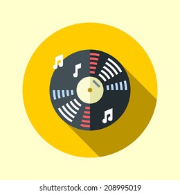 Vinyl music record. Flat long shadow design. Hipster icons series.