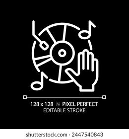 Vinyl music record pixel perfect white linear icon for dark theme. Old school sound system. Vintage audio equipment. Thin line illustration. Isolated symbol for night mode. Editable stroke