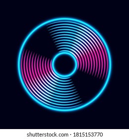 Vinyl music record in retro neon colors. Vintage gramophone disc. Album cover or template for party invitation in retro style. Vector illustration