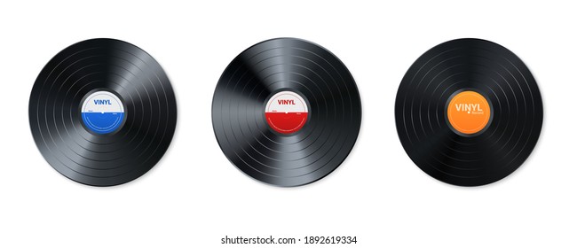 Vinyl music record set. Design of retro audio disk. Realistic vintage gramophone disc with cover mockup. Vector illustration