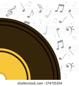 vinyl with musical notes around over white background. colorful design. vector illustration