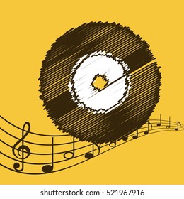 vinyl with musical notes over white background. sketch design. vector illustration