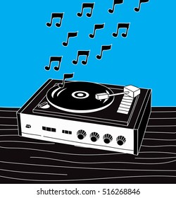 Vinyl oldschool vintage player playing music with notes flying above vector  illustration. Music icons, lyrics, musical mood, music festival