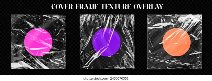 Vinyl plastic album cover frame shrink texture overlay. Triptych of crinkled plastic textures, each highlighted by a bold colored circle, evoking a creative and edgy feel, perfect for modern designs.