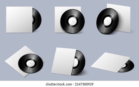 Vinyl Plate With Blank White Cover Isolated Vector Set. Music Gramophone LP Record Disk With Paper Case Cover Mockup 3d Design Different Angle View