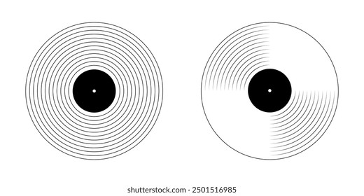 Vinyl plate icons. LP or long play music records isolated on white background. DJ equipment for techno party or discotheque in retro style. Vector graphic illustration.