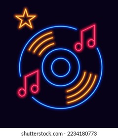 Vinyl plate and music neon logo for nightclub. Isolated disco lifestyle of city. Glowing board with tunes melodies and star. Bright banner. Label or sticker, logotype or sign. Vector in flat style