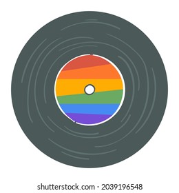 Vinyl plate with rainbow colors, isolated hippie record with old songs. Vintage and retro means of recording and listening. Decorated recorder with colorful shades. Vector in flat style illustration