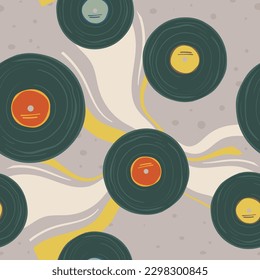 Vinyl plates with compositions and music. Oldschool vintage way of recording songs and playing with gramophone. Seamless pattern, wallpaper print or background. Vector in flat style illustration