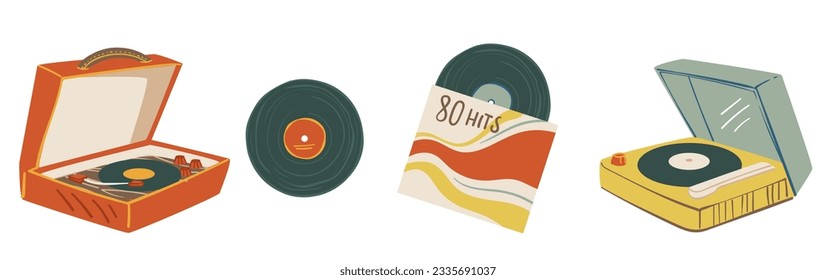 Vinyl Platten mit Hits und berühmten Kompositionen. Einzelne Musik für Spieler und Grammophone. Kassetten für Söhne, Unterhaltungs- und Retro-Systeme für musikalische Freude. Vektorgrafik im Flachstil