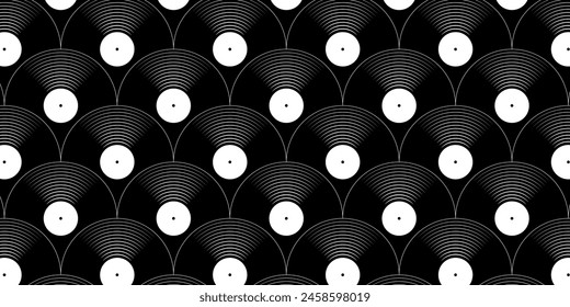 Vinyl plates seamless pattern. Reapiting gramophone LP music discs isolated on white background. DJ techno party concert. 70s 80s 90s discotheque nostalgia wallpaper. Vector flat illustration.