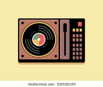Vinyl player with buttons illustration. Vector, isolated. On yellow background