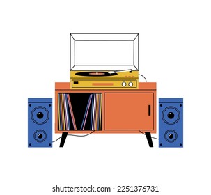 Vinyl player. Cartoon retro analog turntable record rotating disk on sideboard, old school audiophile music device, home furnishing decor. Vector flat illustration of music vinyl sound