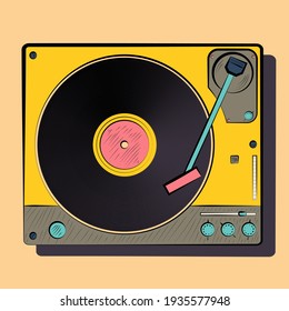 vinyl player with vinyl disc hand drawing symbol icon outline flat illustration on light background. Vector