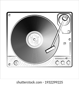 vinyl player with vinyl disc icon isolated on white background hand drawing. Old retro vintage grunge.