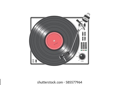 Vinyl player with a vinyl disk. Detailed elements. Old retro vintage grunge. Typographic labels, stickers, logos and badges. Flat vector illustration