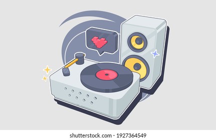 Vinyl player with a vinyl disk in the style of pop art. DJ deck. Vector illustration