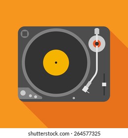 Vinyl Player Icon With Long Shadow. Flat Style Vector Illustration