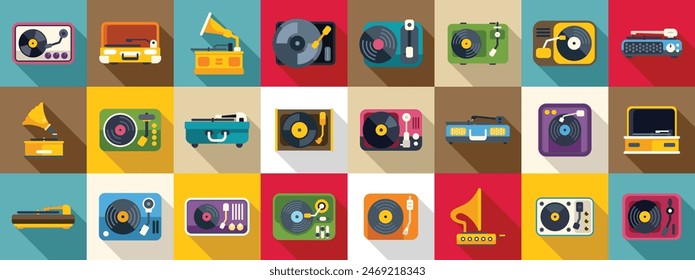 Vinyl player icons set vector. A collection of vintage electronic devices, including record players, radios, and televisions. Concept of nostalgia and a longing for simpler times