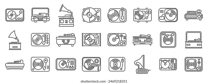 Vinyl player icons set vector. A collection of vintage electronic devices, including a record player, a radio, and a television. Concept of nostalgia and a longing for simpler times