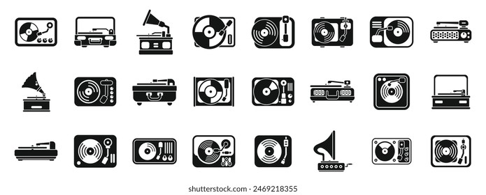 Vinyl player icons set vector. A collection of black and white icons of various electronic devices, including a record player, a radio, and a CD player