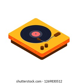 Vinyl player isometric vector illustration. Yellow vintage vinyl player with record isolated on white background.