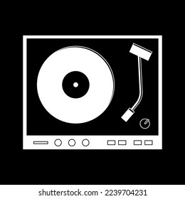 Vinyl player. Vector illustration of an old vinyl music player. Black and white, silhouette on black background. Isolated 