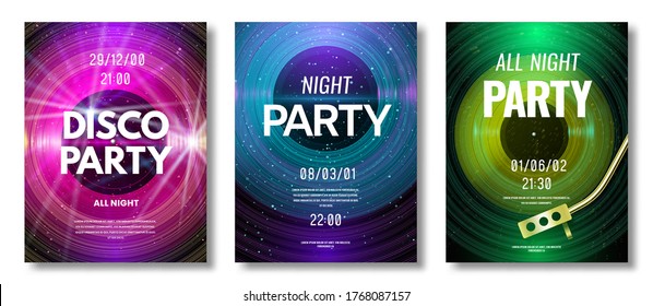 Vinyl poster. Vinyl record retro design flyer for music festival or dj night club disco party, old technology art image vector template. Electro party, music element for invitation, flyer.