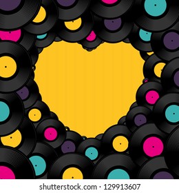 Vinyl record background in shape of heart with space for text. Vector illustration.
